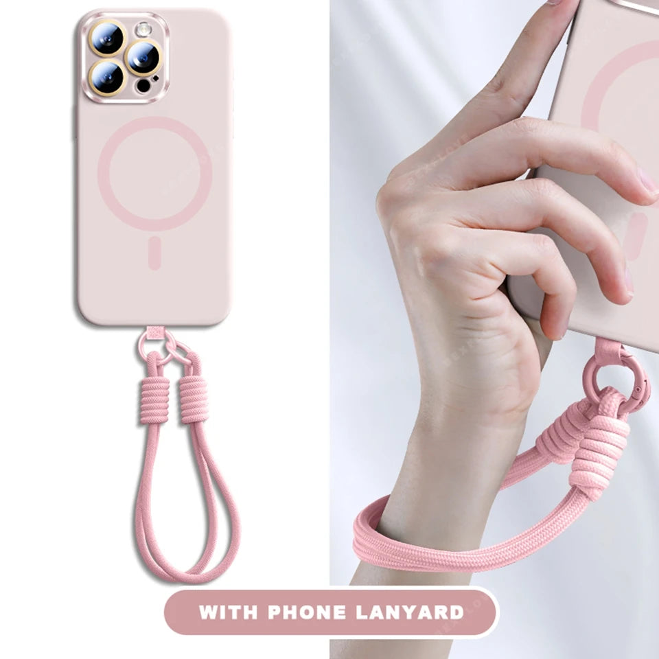 Magnetic Strap Phone Case For iPhone 16 Plus Pro Max Magsafe Liquid Silicone Lanyard Charge Protector Cover
