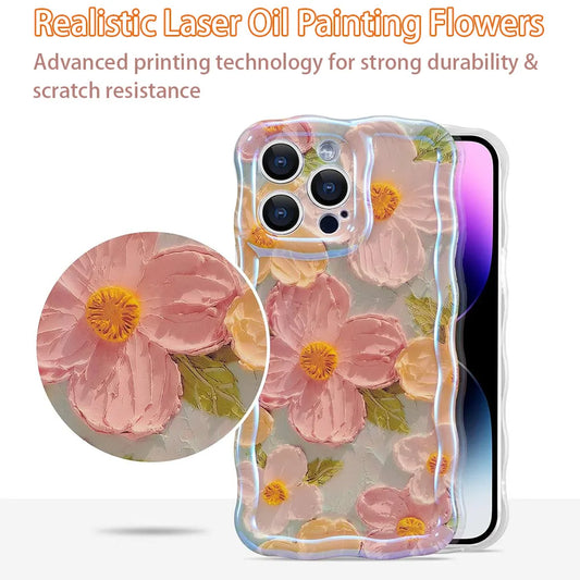 Retro Floral Oil Painting Phone Case for iPhone 16 Pro & 16 Pro Max – Glossy Wave Border Cover