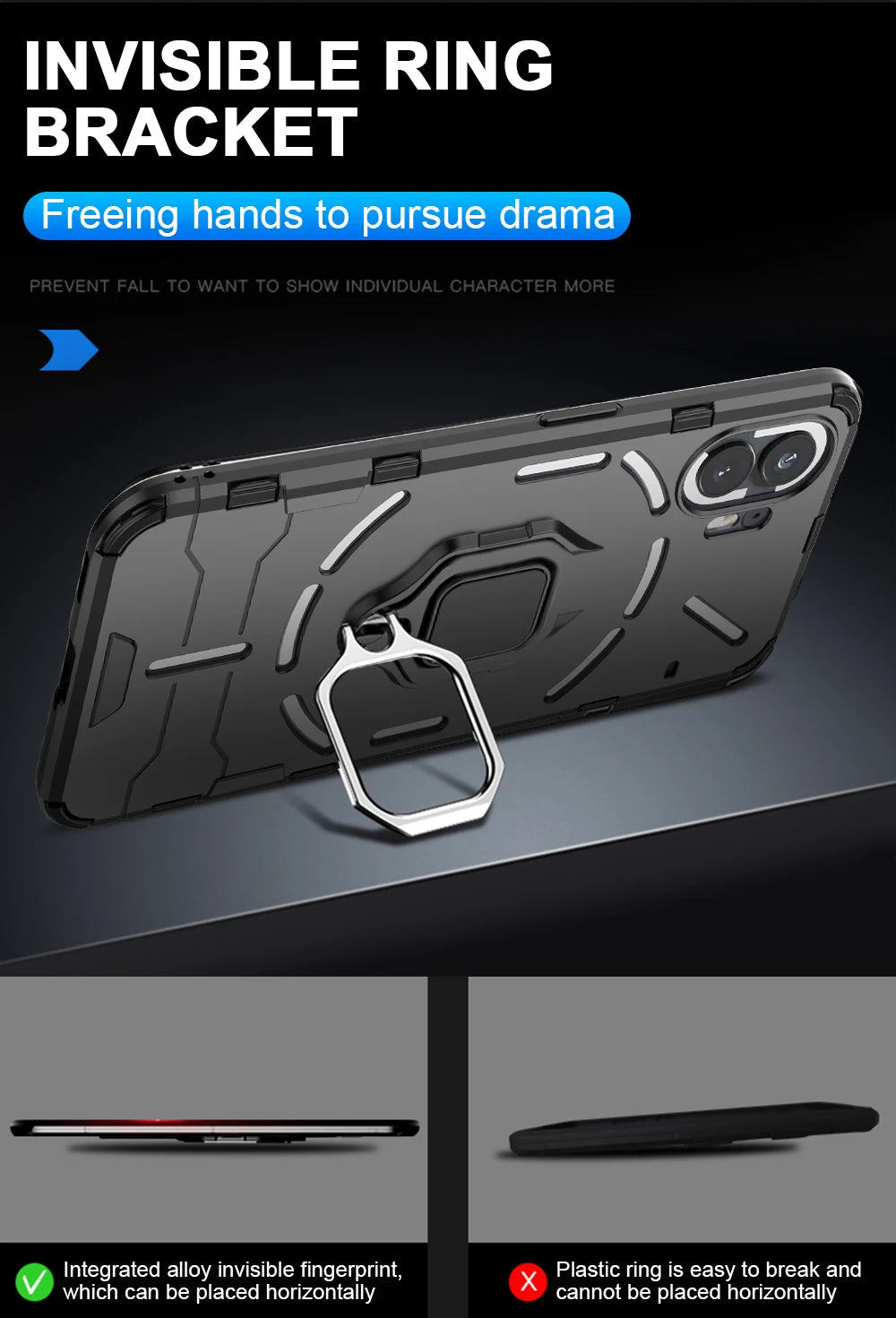 Shockproof Armor Case for Nothing Phone 2 1 Silicone + PC Metal Ring Stand Phone Back Cover for Nothing Phone 2 1