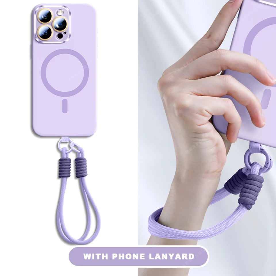 Magnetic Strap Phone Case For iPhone 16 Plus Pro Max Magsafe Liquid Silicone Lanyard Charge Protector Cover