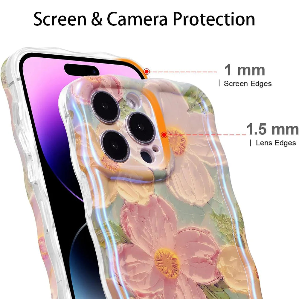 Retro Floral Oil Painting Phone Case for iPhone 16 Pro & 16 Pro Max – Glossy Wave Border Cover