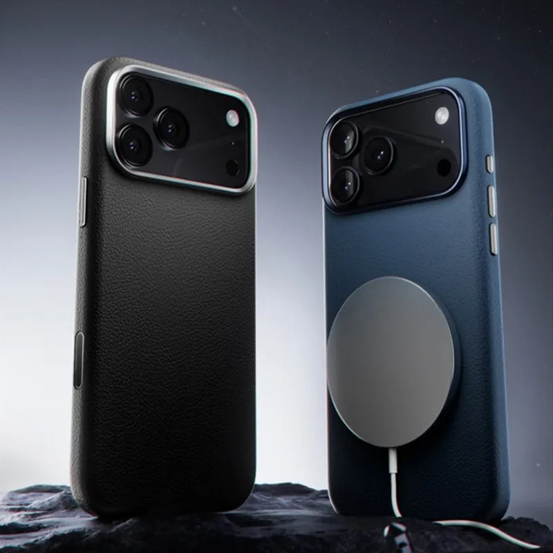 Strong Leather Magnetic Case For iPhone With Wireless Charging Metal Camera Protection Cover