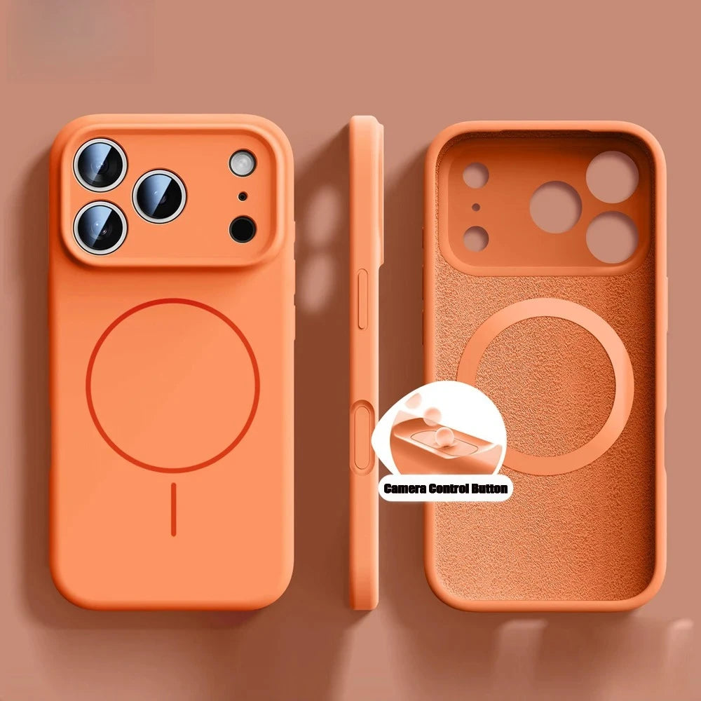iPhone 17 Series MagSafe Case – Orange Liquid Silicone, Soft Magnetic Cover