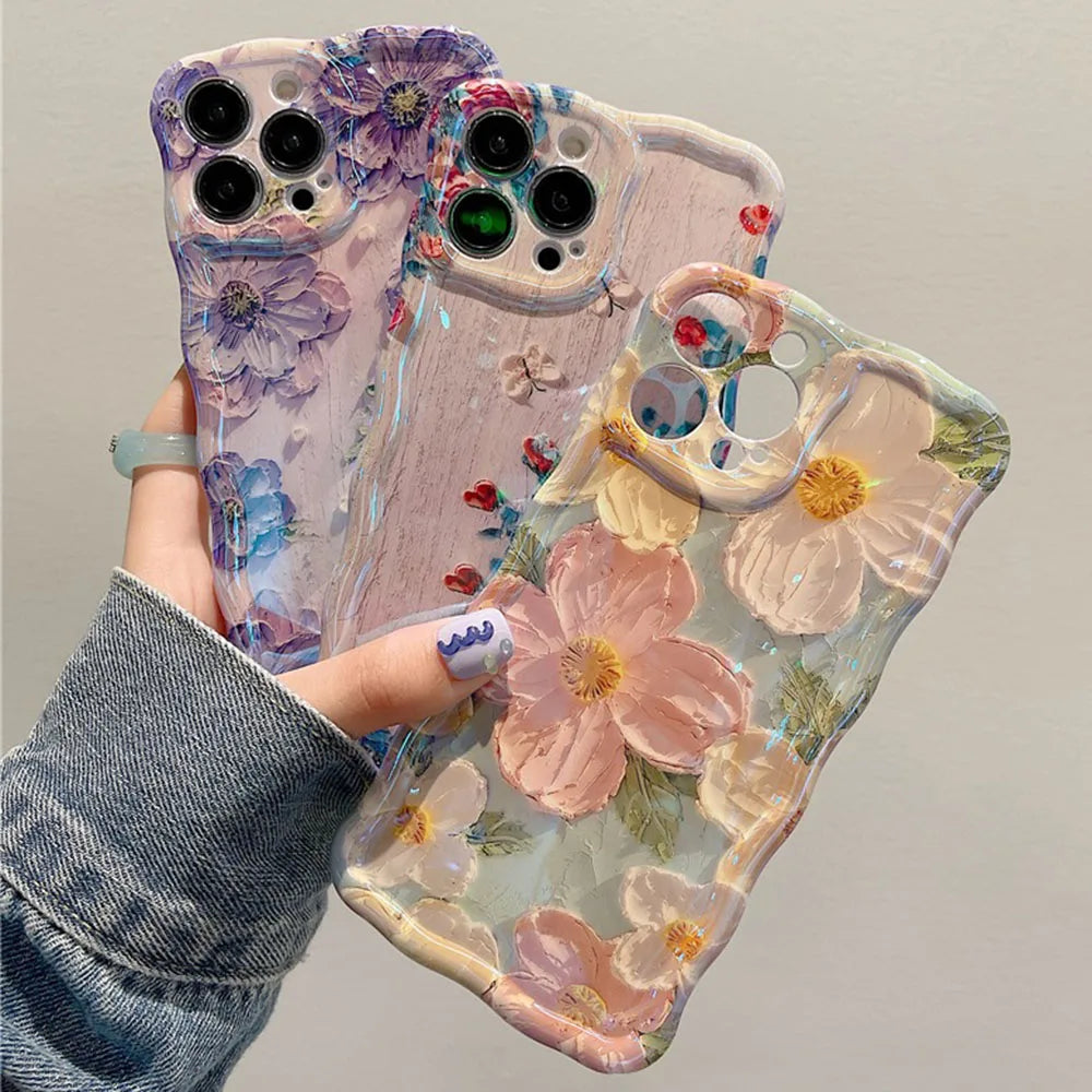 Retro Floral Oil Painting Phone Case for iPhone 16 Pro & 16 Pro Max – Glossy Wave Border Cover