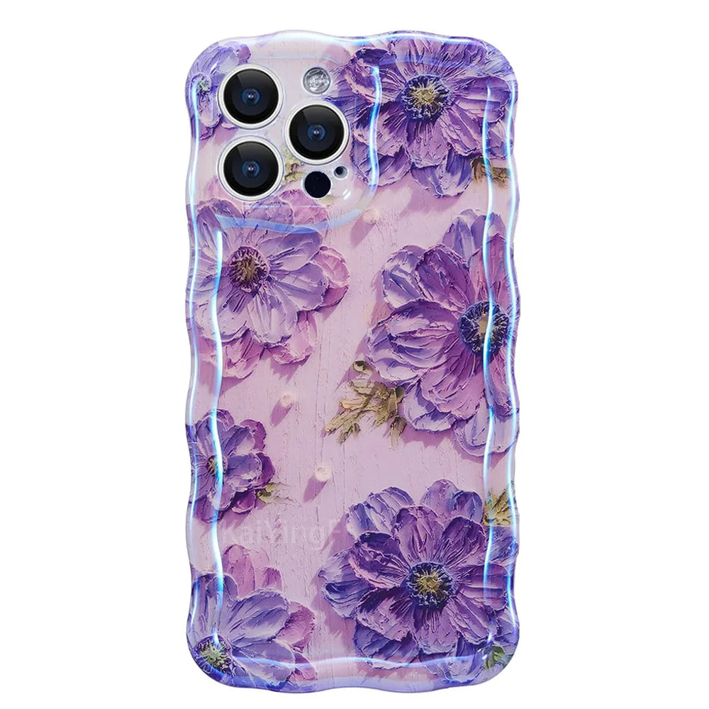 Retro Floral Oil Painting Phone Case for iPhone 16 Pro & 16 Pro Max – Glossy Wave Border Cover