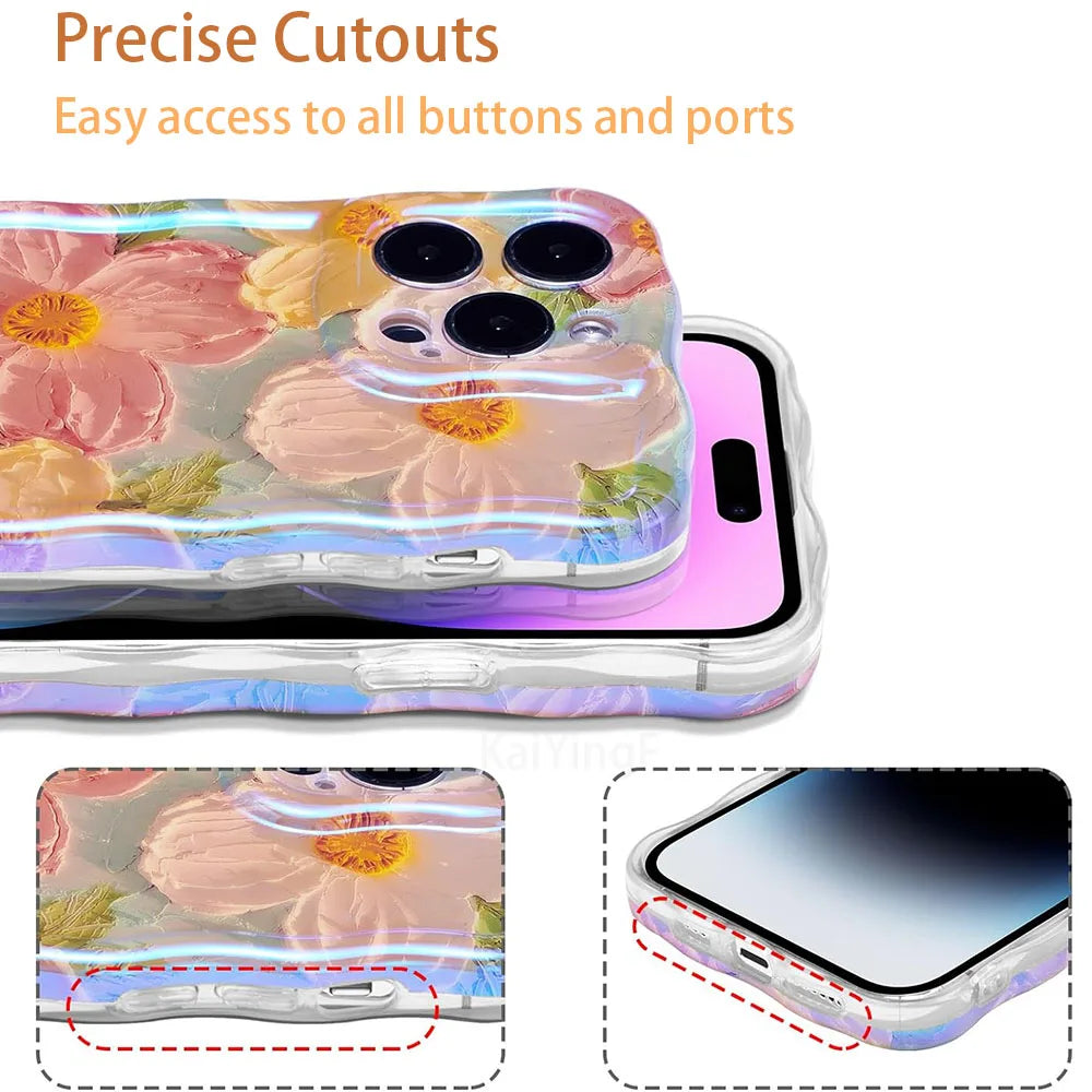 Retro Floral Oil Painting Phone Case for iPhone 16 Pro & 16 Pro Max – Glossy Wave Border Cover