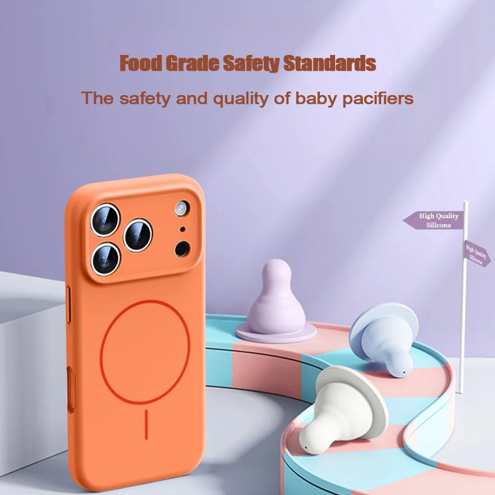 iPhone 17 Series MagSafe Case – Orange Liquid Silicone, Soft Magnetic Cover