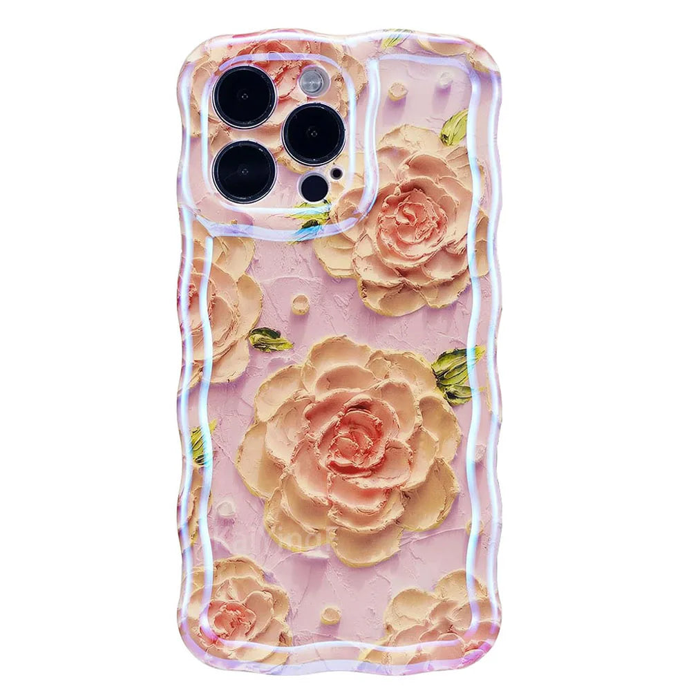 Retro Floral Oil Painting Phone Case for iPhone 16 Pro & 16 Pro Max – Glossy Wave Border Cover