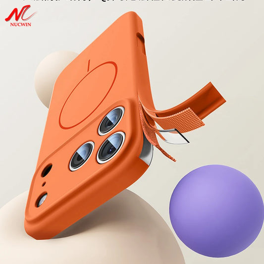 iPhone 17 Series MagSafe Case – Orange Liquid Silicone, Soft Magnetic Cover