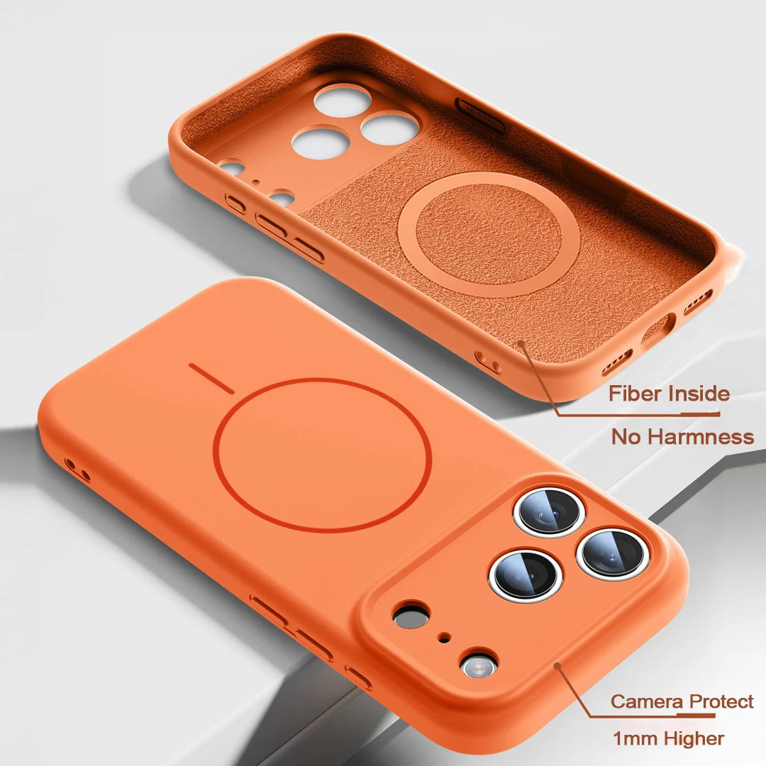 iPhone 17 Series MagSafe Case – Orange Liquid Silicone, Soft Magnetic Cover