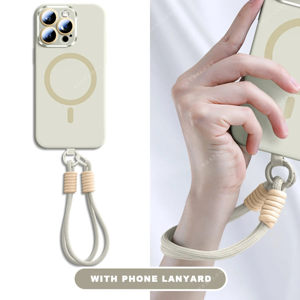 Magnetic Strap Phone Case For iPhone 16 Plus Pro Max Magsafe Liquid Silicone Lanyard Charge Protector Cover