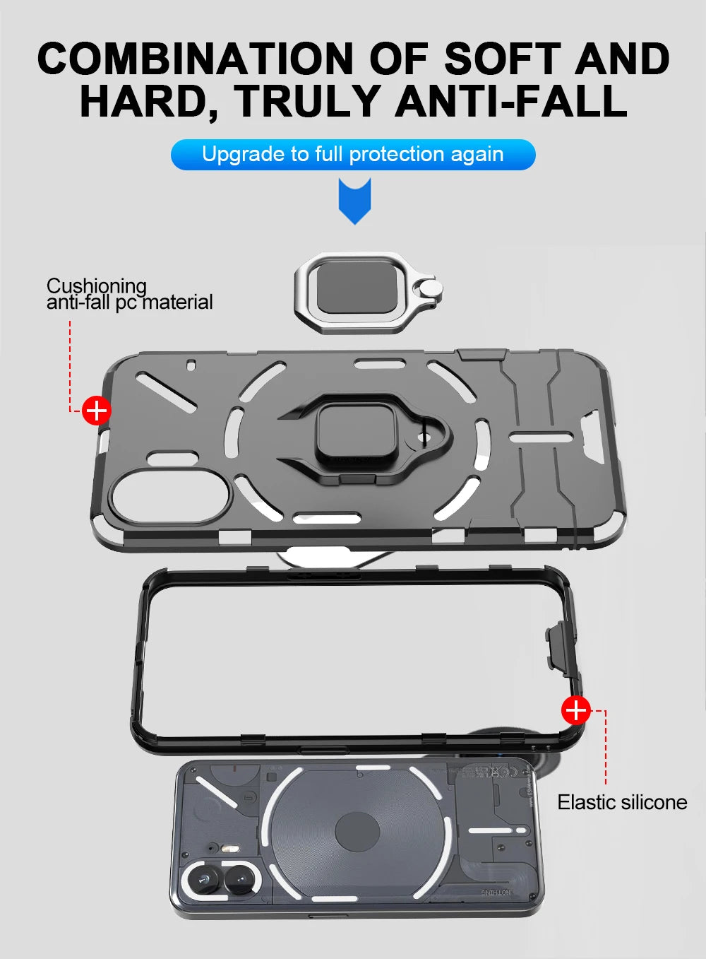 Shockproof Armor Case for Nothing Phone 2 1 Silicone + PC Metal Ring Stand Phone Back Cover for Nothing Phone 2 1