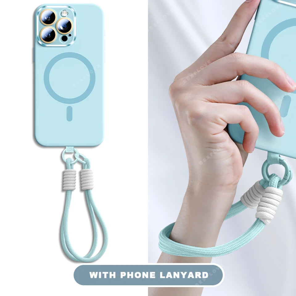 Magnetic Strap Phone Case For iPhone 16 Plus Pro Max Magsafe Liquid Silicone Lanyard Charge Protector Cover