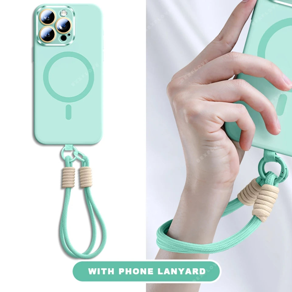 Magnetic Strap Phone Case For iPhone 16 Plus Pro Max Magsafe Liquid Silicone Lanyard Charge Protector Cover