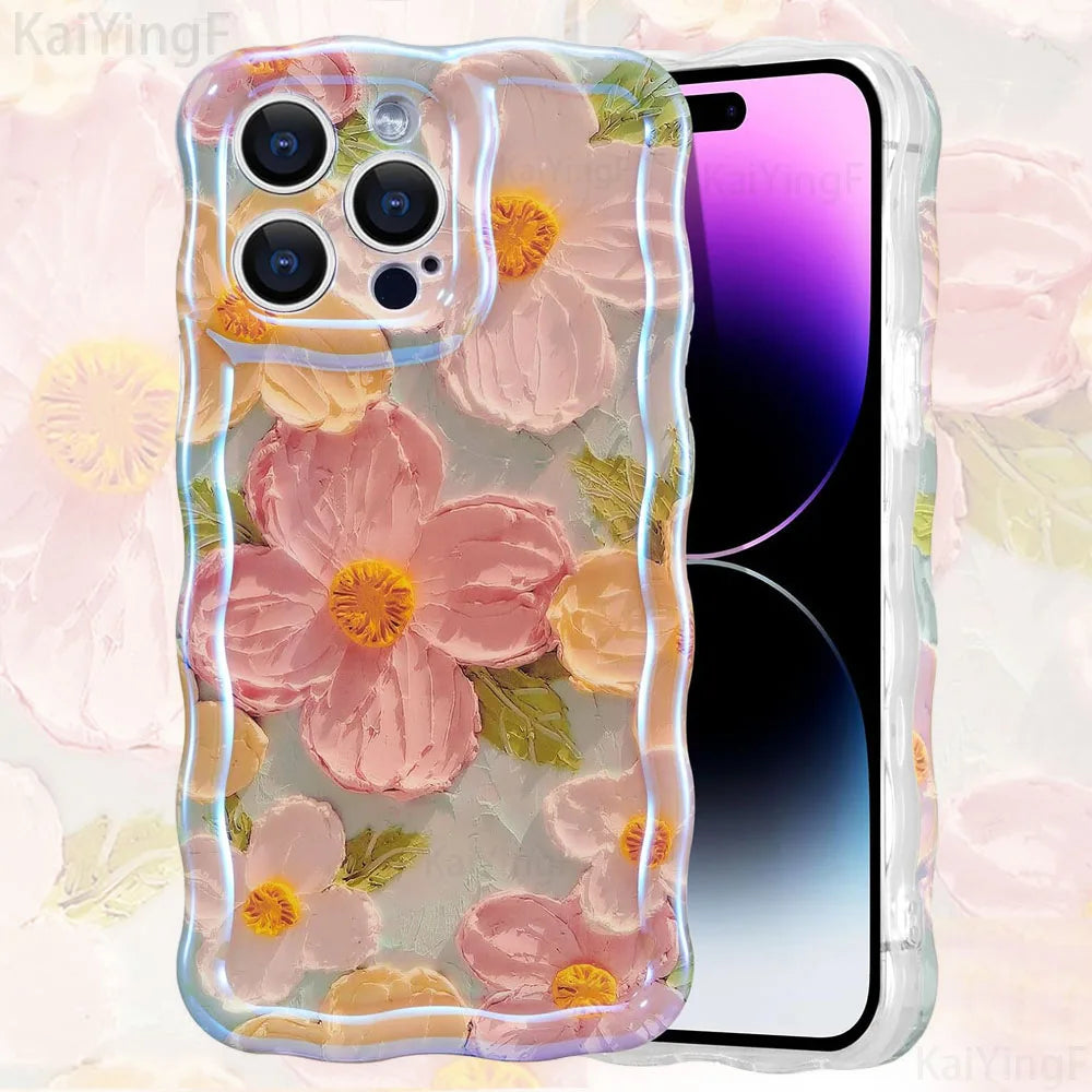 Retro Floral Oil Painting Phone Case for iPhone 16 Pro & 16 Pro Max – Glossy Wave Border Cover
