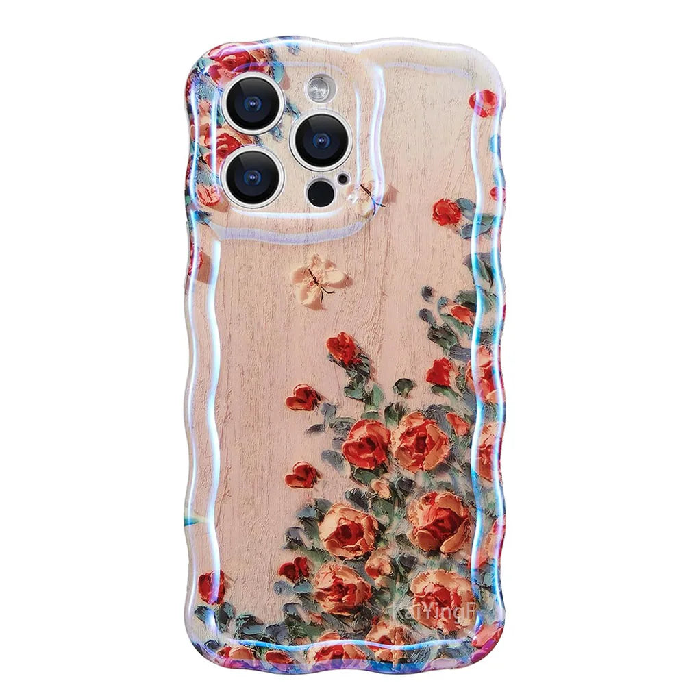 Retro Floral Oil Painting Phone Case for iPhone 16 Pro & 16 Pro Max – Glossy Wave Border Cover
