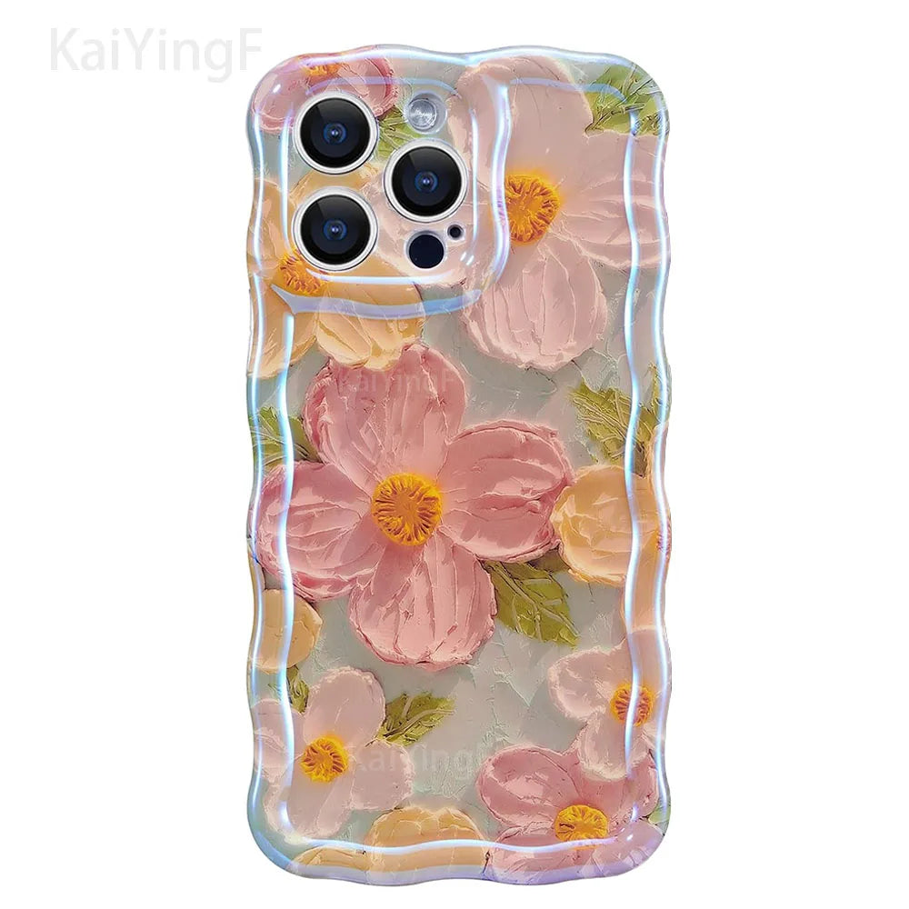 Retro Floral Oil Painting Phone Case for iPhone 16 Pro & 16 Pro Max – Glossy Wave Border Cover